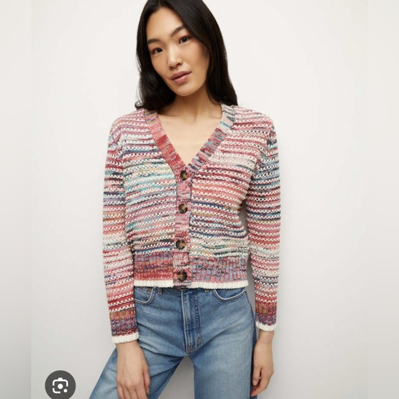 Veronica Beard Ansonia Striped Cotton Cardigan - Size Medium, Pink Multi - Picture 1 of 10